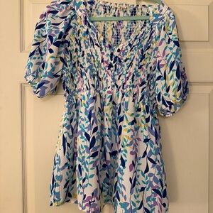 Jodifl Smocked Floral Babydoll Blouse Size Large Blue Purple